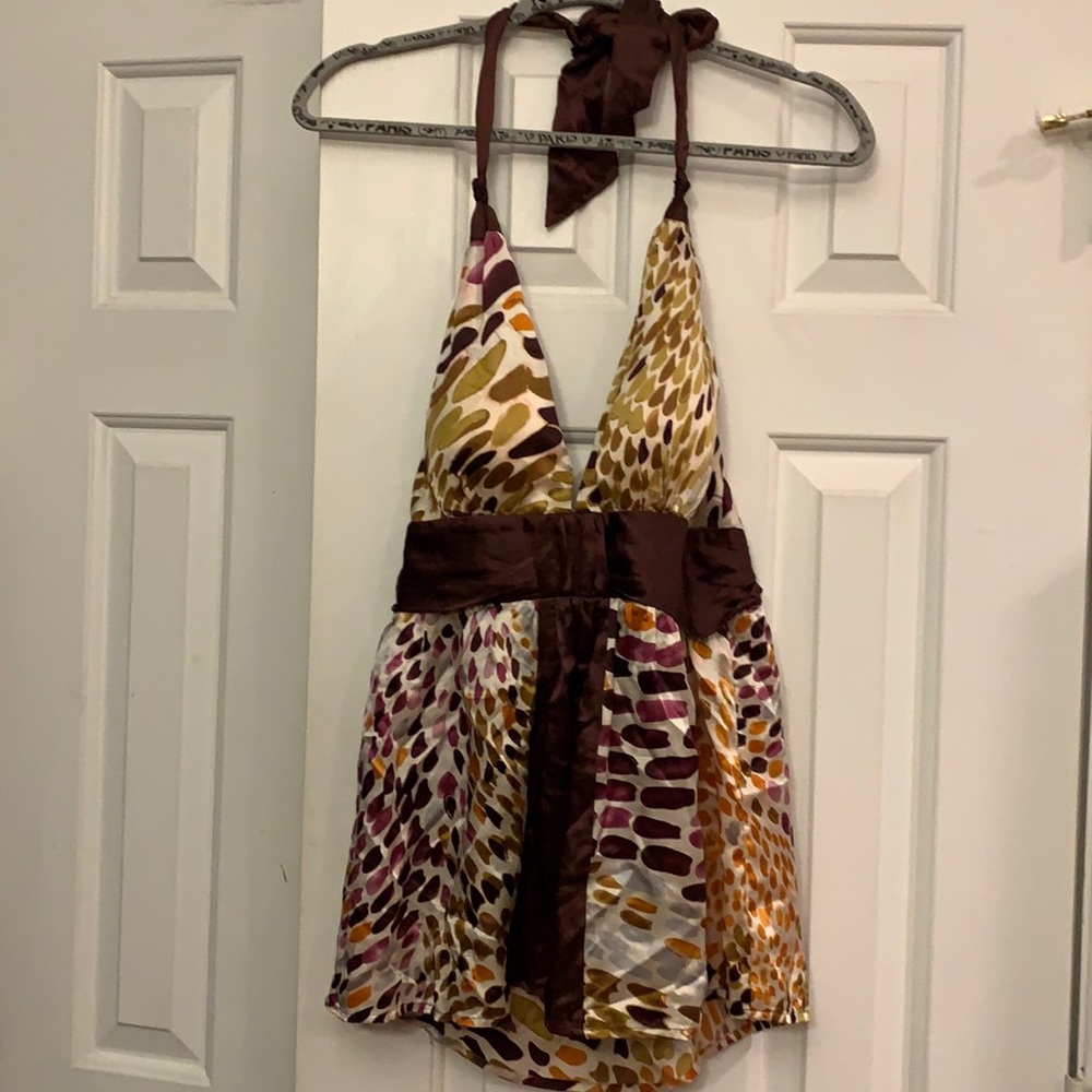 Arden B Brown Multicolor Halter Satin-Trim Top
